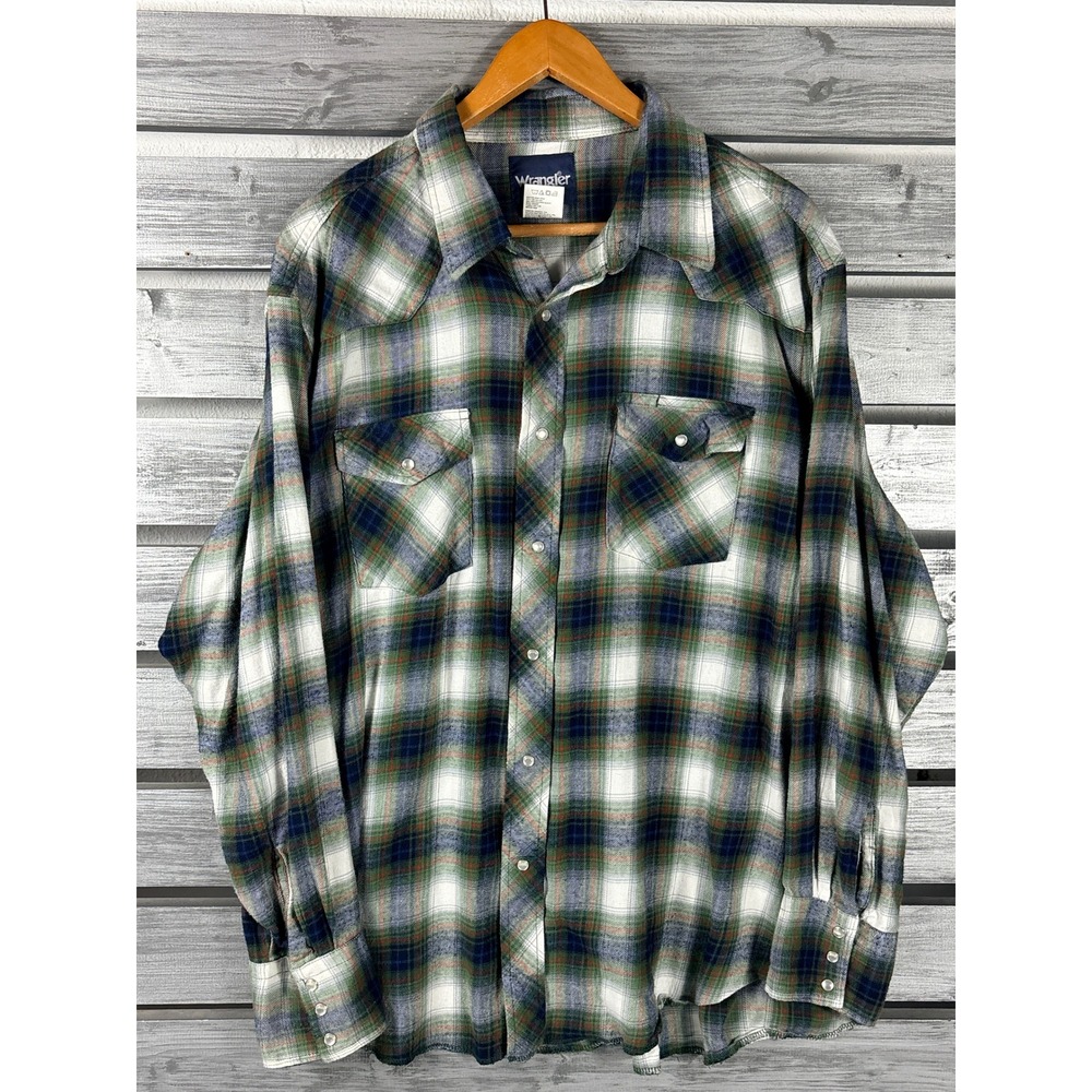 Vintage Wrangler Mens XXL Western Snap Flannel Shirt Green Plaid Pearl Snap y2k